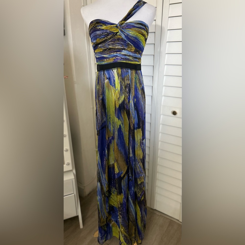 NWOT- BCBG Max Azaria long dress with one shoulder design in silk and metallic